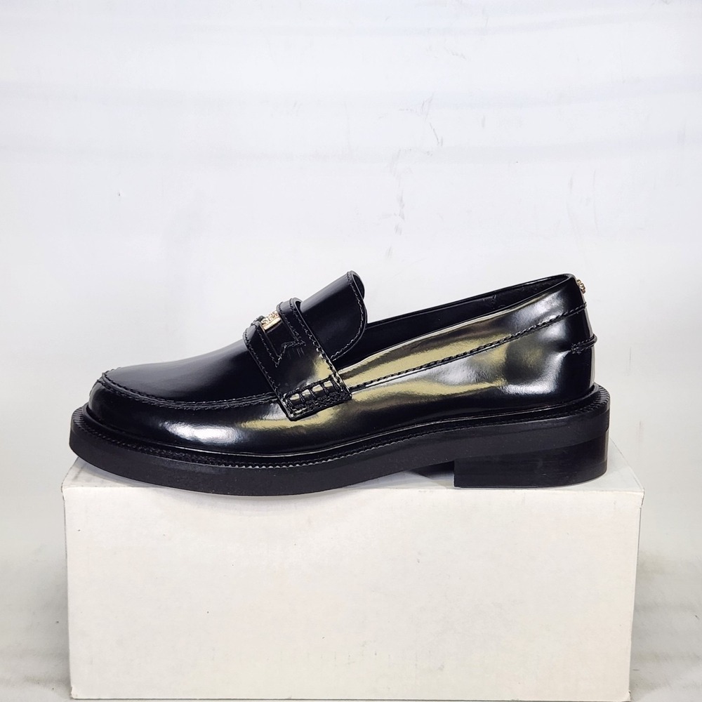 Maje Loafers Women Size 6.5 Noir Black Leather Clover Logo Lug Sole MFACH00699
